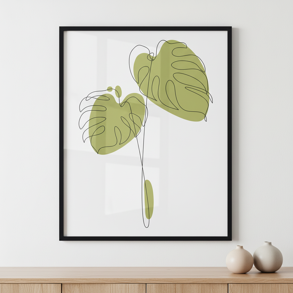 Monstera leaf ภาพติดผังสไตล์ธรรมชาติ สำหรับตกแต่งบ้านและคอนโด พร้อมกรอบคุณภาพ