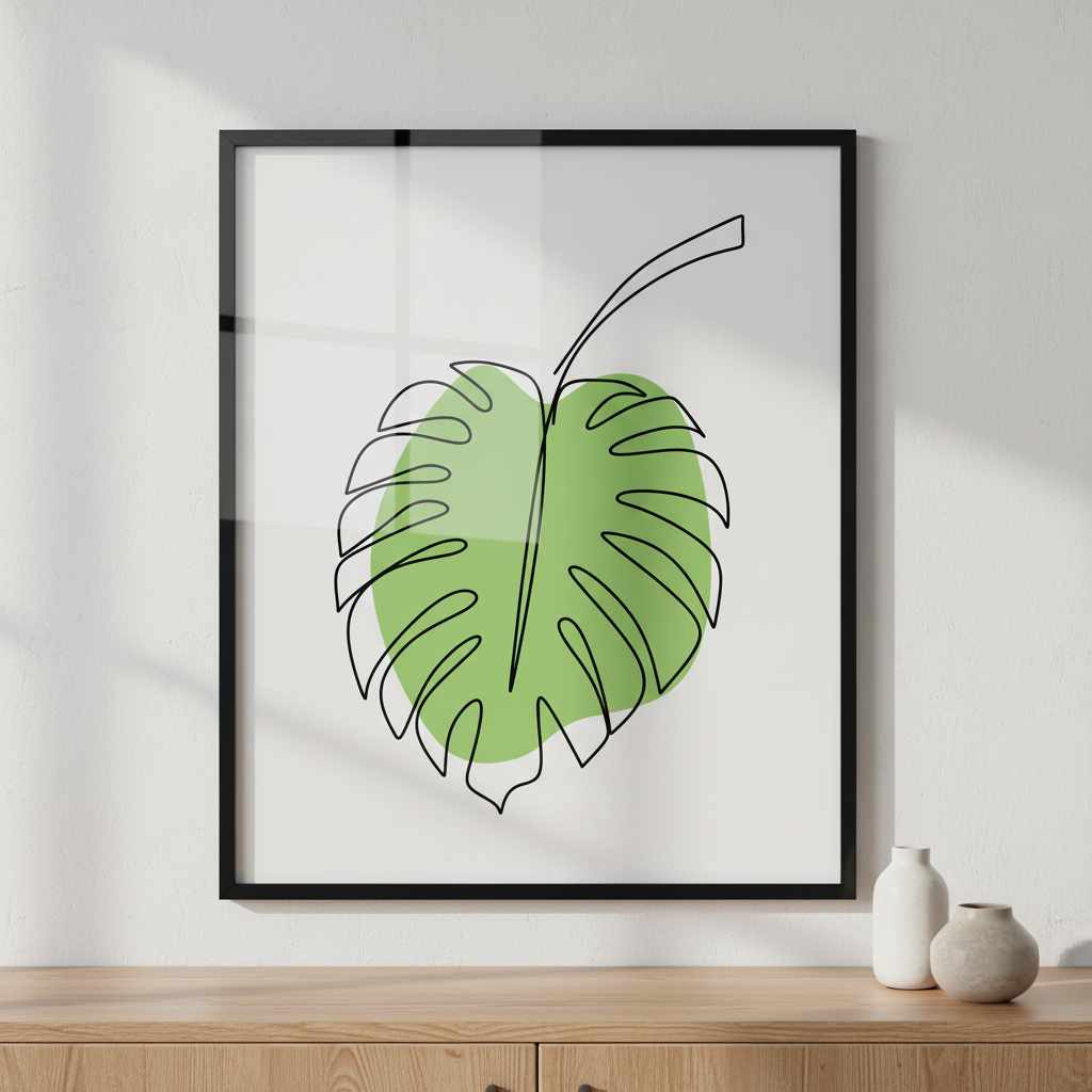 Monstera leaf ภาพติดผังสไตล์ธรรมชาติ สำหรับตกแต่งบ้านและคอนโด พร้อมกรอบคุณภาพ