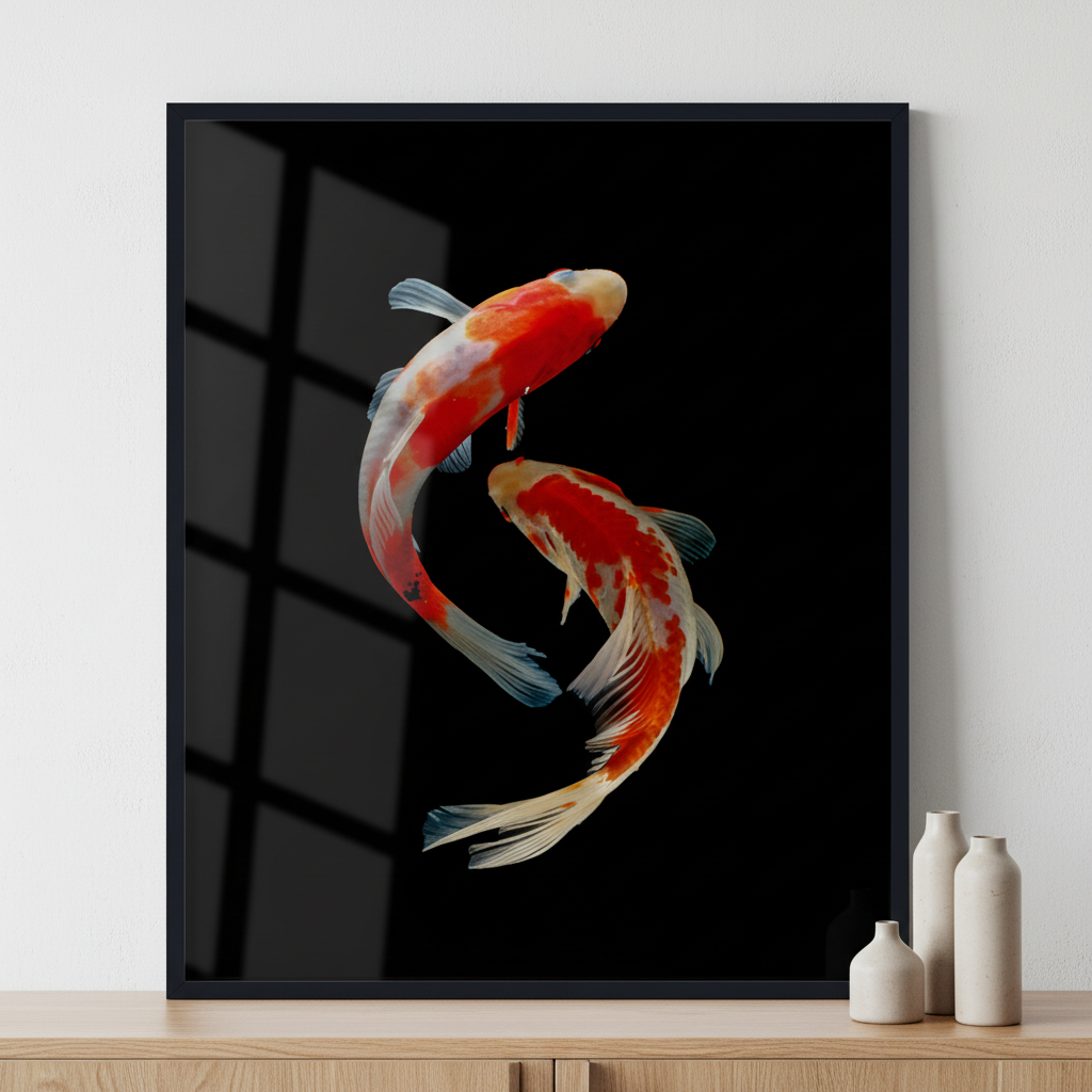 Koi Fish ภาพติดผังสไตล์สแกนดิเนเวีย สำหรับตกแต่งบ้านและคอนโด พร้อมกรอบคุณภาพ