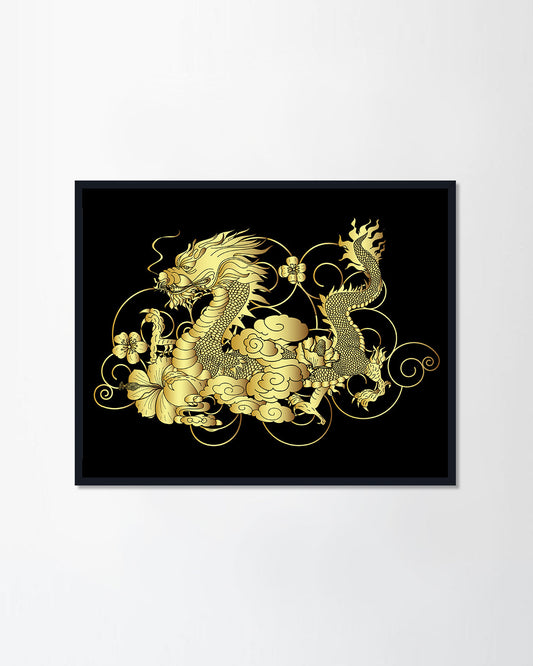 dragon with Lotus,hibiscus and Sakura flower