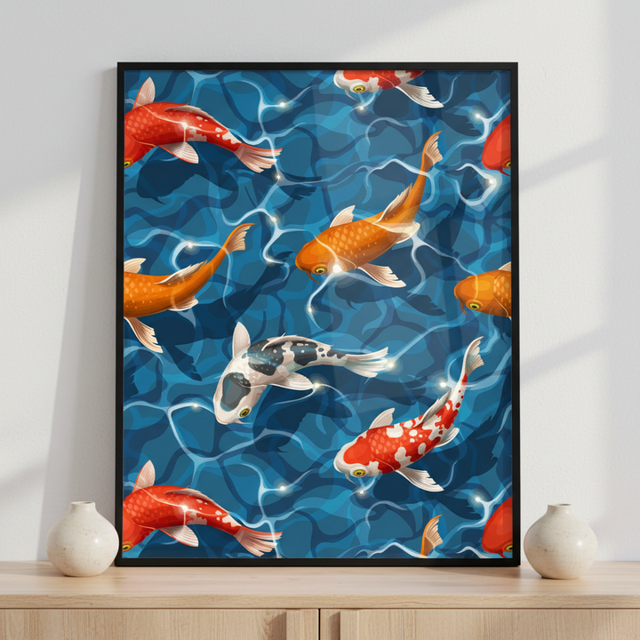 Seamless koi carps ภาพติดผังสไตล์สแกนดิเนเวีย สำหรับตกแต่งบ้านและคอนโด พร้อมกรอบคุณภาพ