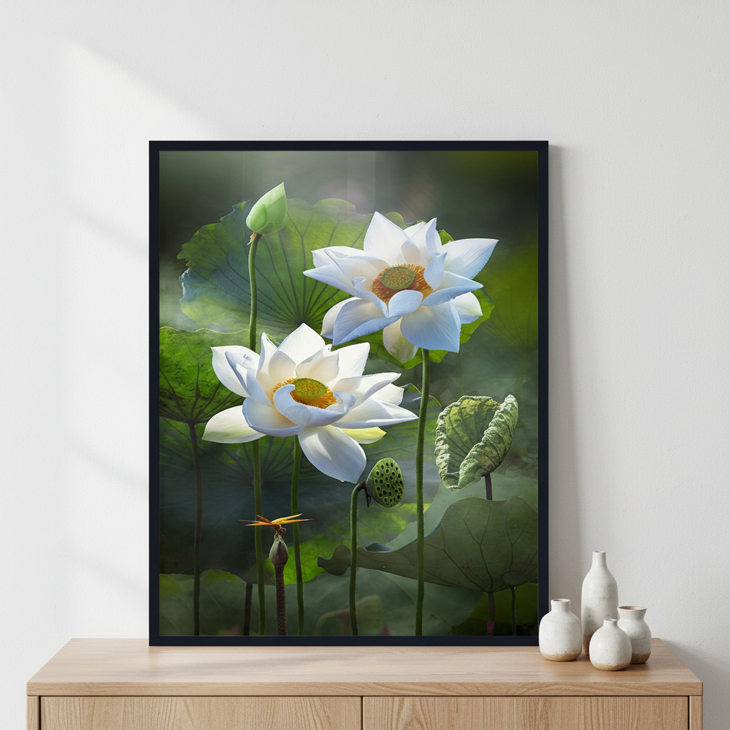 Pure white lotus flower ภาพติดผังสไตล์สแกนดิเนเวีย สำหรับตกแต่งบ้านและคอนโด พร้อมกรอบคุณภาพ