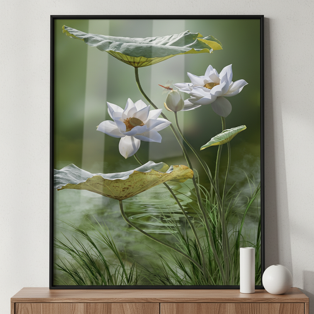 White lotus flower in lake ภาพติดผังสไตล์สแกนดิเนเวีย สำหรับตกแต่งบ้านและคอนโด พร้อมกรอบคุณภาพ