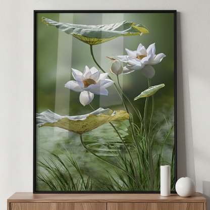 White lotus flower in lake ภาพติดผังสไตล์สแกนดิเนเวีย สำหรับตกแต่งบ้านและคอนโด พร้อมกรอบคุณภาพ