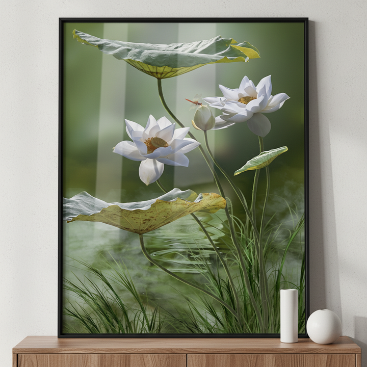White lotus flower in lake ภาพติดผังสไตล์สแกนดิเนเวีย สำหรับตกแต่งบ้านและคอนโด พร้อมกรอบคุณภาพ