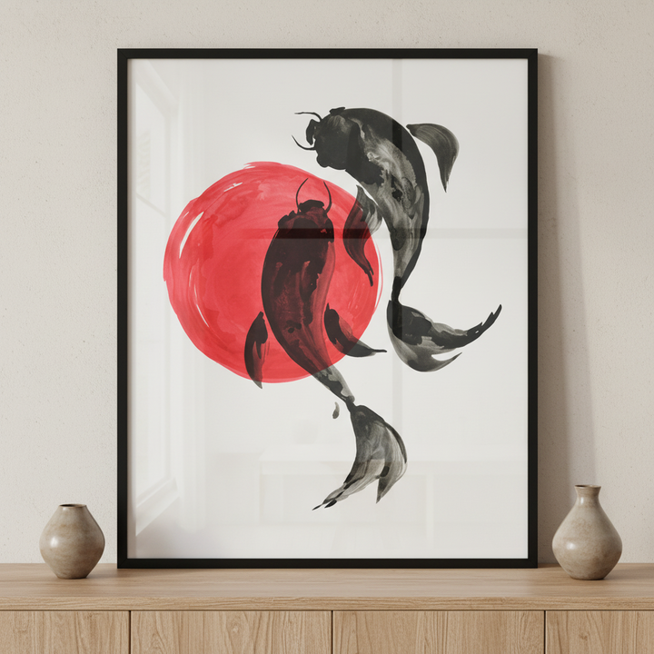 Koi fishes in Japanese painting ภาพติดผังสไตล์สแกนดิเนเวีย สำหรับตกแต่งบ้านและคอนโด พร้อมกรอบคุณภาพ