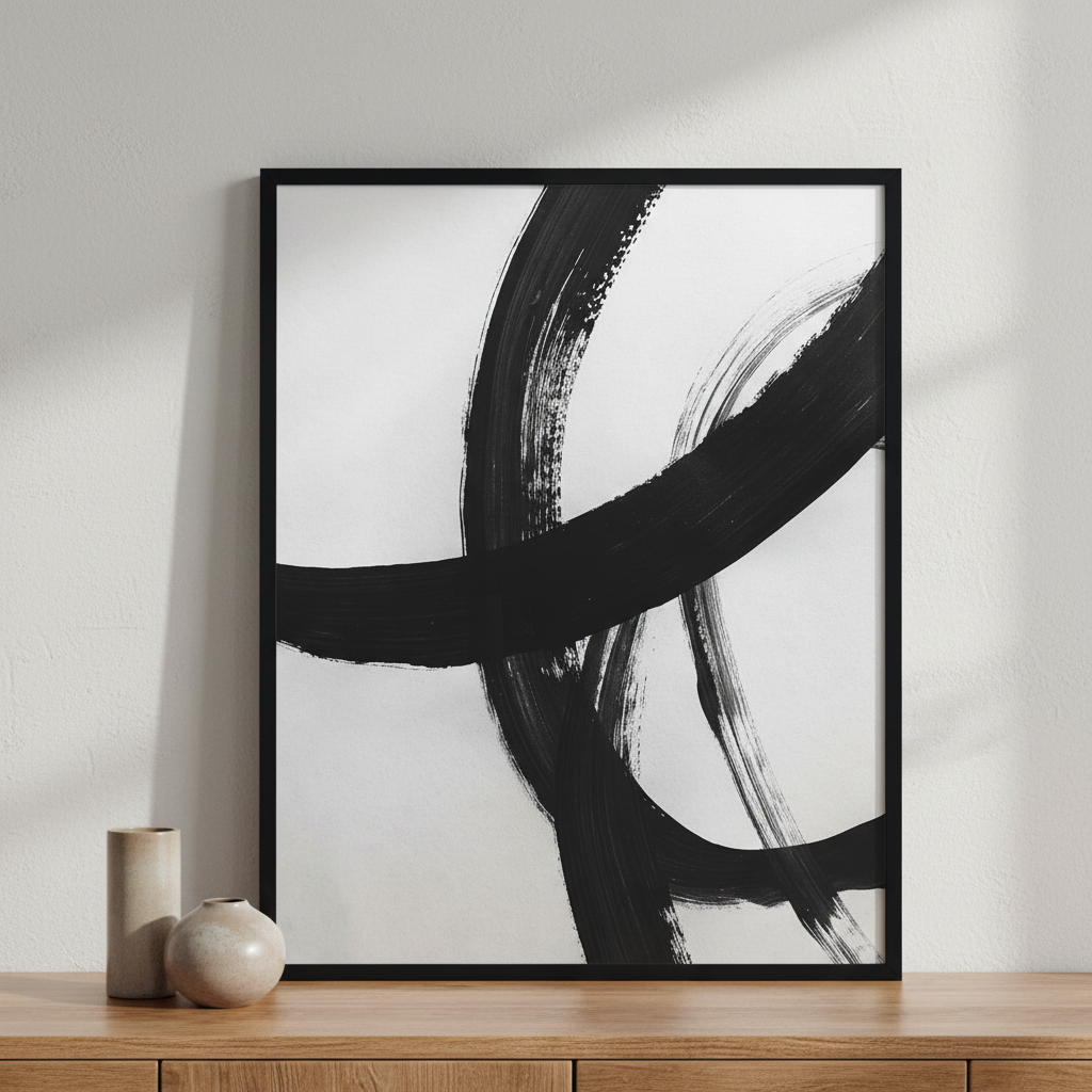 White and black abstract acrylic ภาพติดผังสไตล์สแกนดิเนเวีย สำหรับตกแต่งบ้านและคอนโด พร้อมกรอบคุณภาพ