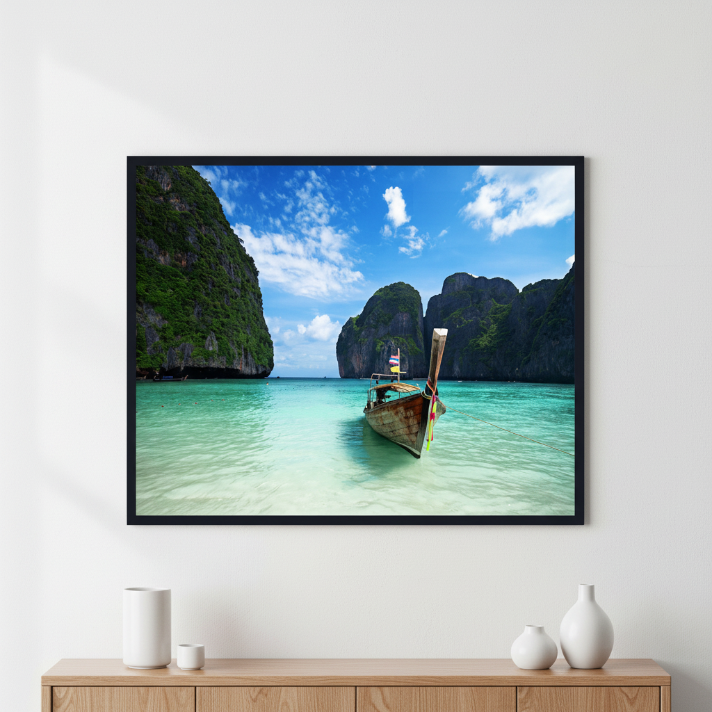Long tail boat on the beautiful sea, Maya bay, Phuket ภาพติดผังสไตล์วิวธรรมชาติ สำหรับตกแต่งบ้านและคอนโด พร้อมกรอบคุณภาพ