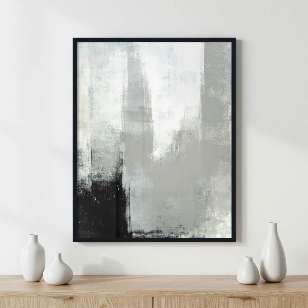 Grey Abstract Art Painting ภาพติดผังสไตล์สแกนดิเนเวีย สำหรับตกแต่งบ้านและคอนโด พร้อมกรอบคุณภาพ