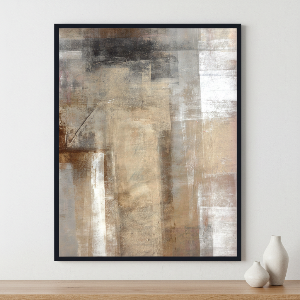 Brown and Beige Abstract Art Painting ภาพติดผังสไตล์สแกนดิเนเวีย สำหรับตกแต่งบ้านและคอนโด พร้อมกรอบคุณภาพ