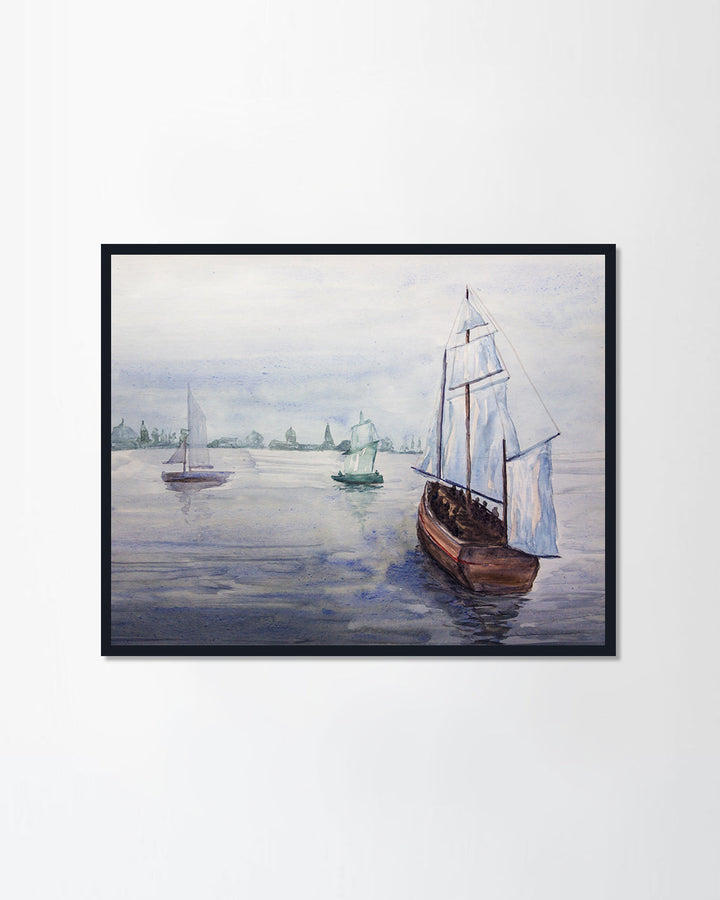 Sea with sailboat, ship under overcast sky