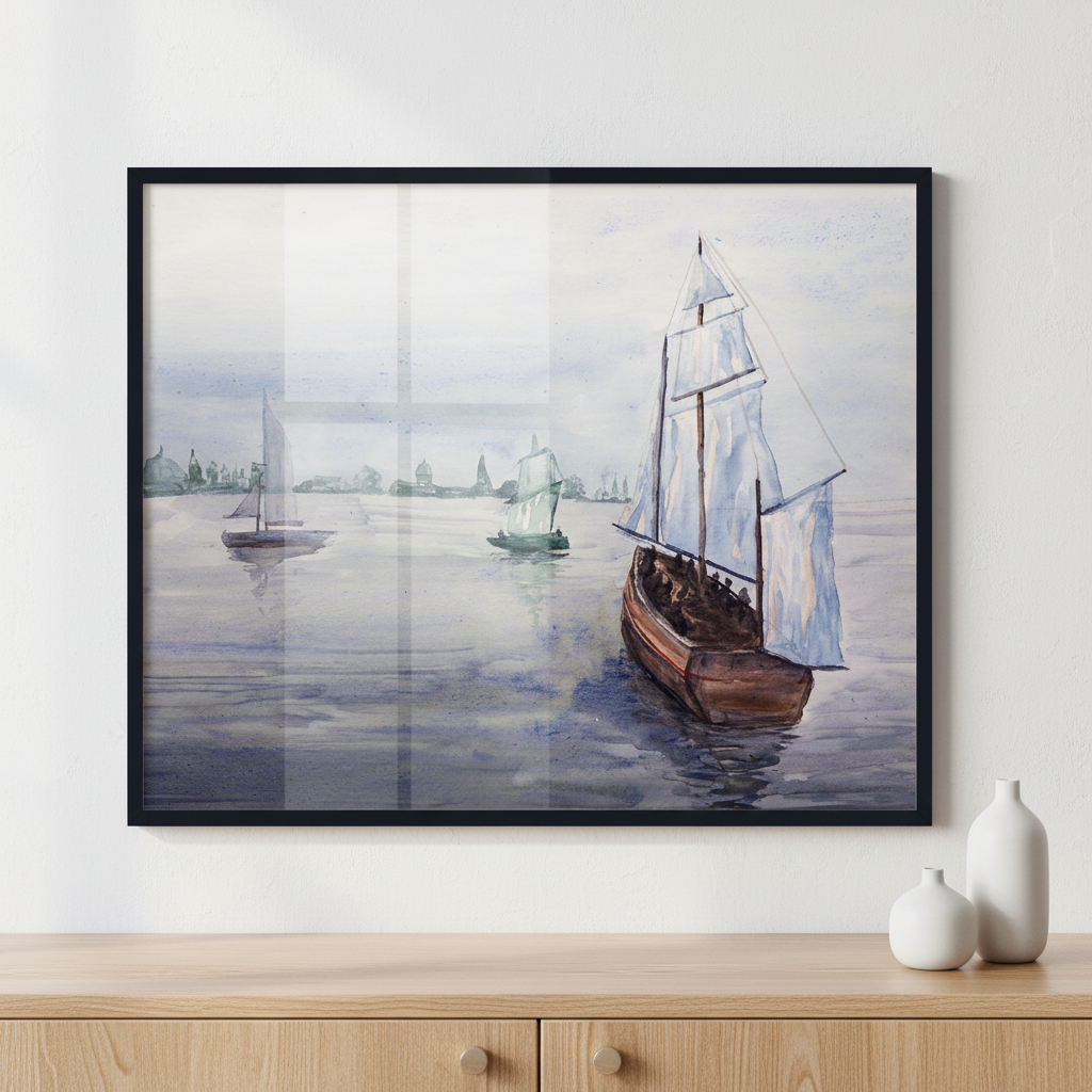Sea with sailboat, ship under overcast sky