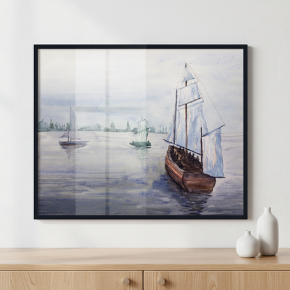Sea with sailboat, ship under overcast sky