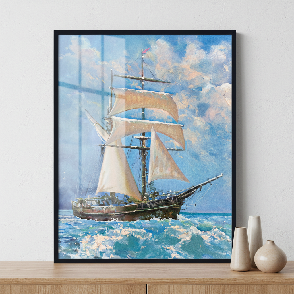 Drawing of boat is under sail ภาพติดผังสไตล์วิวธรรมชาติ สำหรับตกแต่งบ้านและคอนโด พร้อมกรอบคุณภาพ