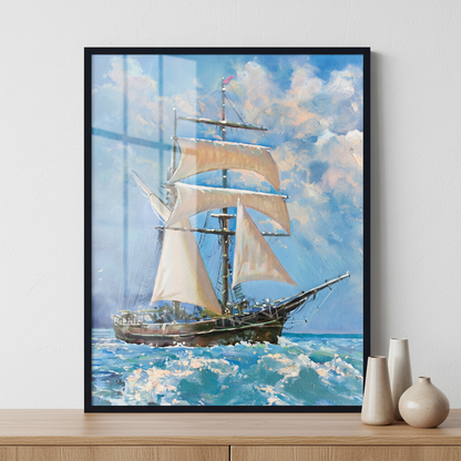 Drawing of boat is under sail ภาพติดผังสไตล์วิวธรรมชาติ สำหรับตกแต่งบ้านและคอนโด พร้อมกรอบคุณภาพ