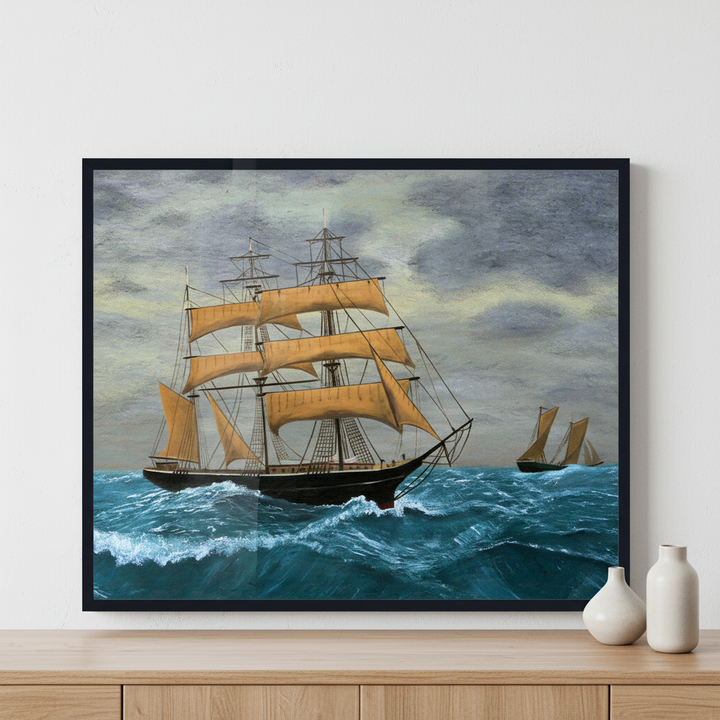 Clipper Ships at Sea ภาพติดผังสไตล์วิวธรรมชาติ สำหรับตกแต่งบ้านและคอนโด พร้อมกรอบคุณภาพ
