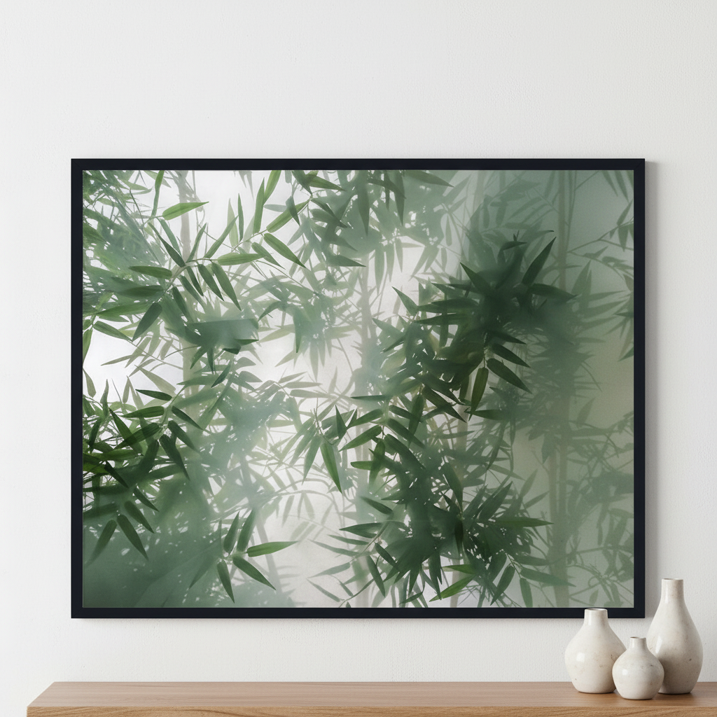 Tropical bamboo trees behind the frosted glass ภาพติดผังสไตล์ธรรมชาติ สำหรับตกแต่งบ้านและคอนโด พร้อมกรอบคุณภาพ