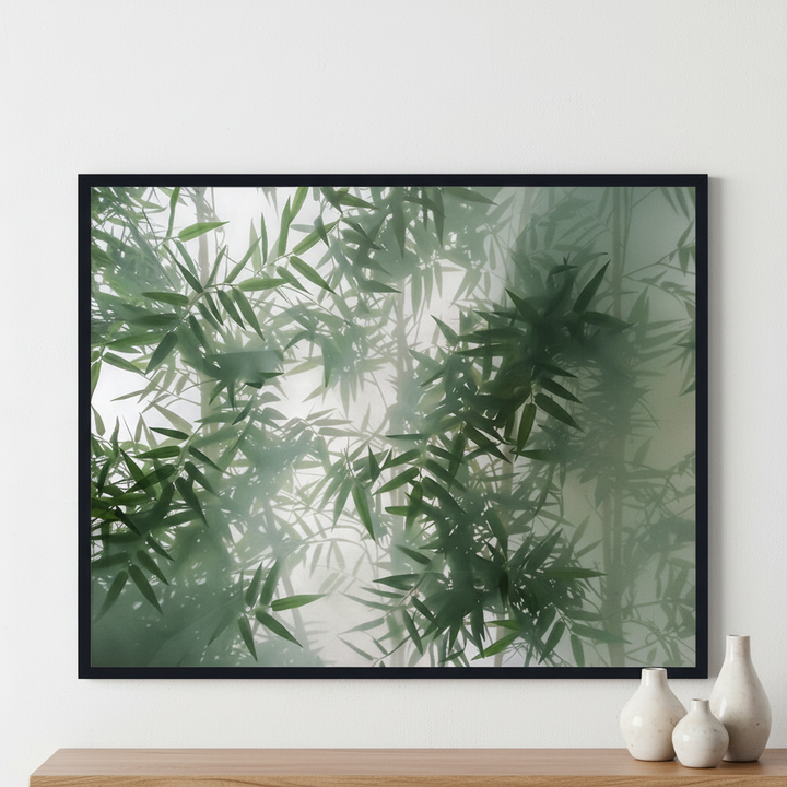 Tropical bamboo trees behind the frosted glass ภาพติดผังสไตล์ธรรมชาติ สำหรับตกแต่งบ้านและคอนโด พร้อมกรอบคุณภาพ