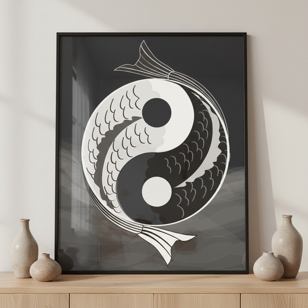 Yin yang symbol of harmony ภาพติดผังสไตล์สแกนดิเนเวีย สำหรับตกแต่งบ้านและคอนโด พร้อมกรอบคุณภาพ