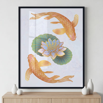 Ethnic fish Koi carp with water lotus flowers ภาพติดผังสไตล์สแกนดิเนเวีย สำหรับตกแต่งบ้านและคอนโด พร้อมกรอบคุณภาพ