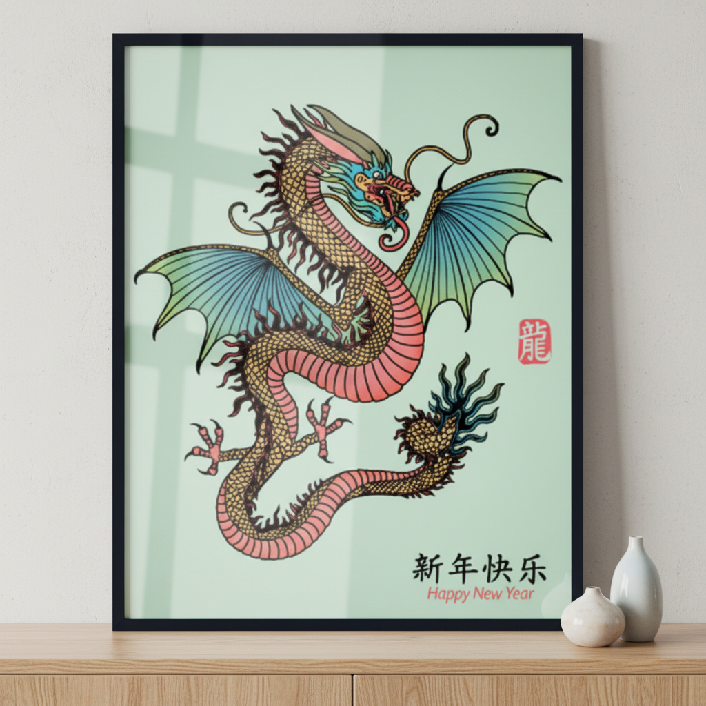 Year of Dragon ภาพติดผังสไตล์สแกนดิเนเวีย สำหรับตกแต่งบ้านและคอนโด พร้อมกรอบคุณภาพ