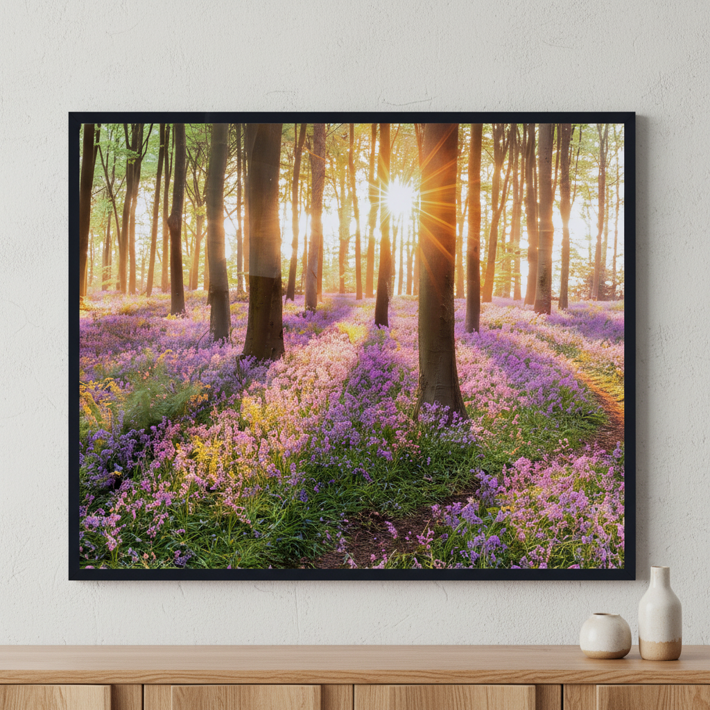 Woodland bluebell forest ภาพติดผังสไตล์สแกนดิเนเวีย สำหรับตกแต่งบ้านและคอนโด พร้อมกรอบคุณภาพ