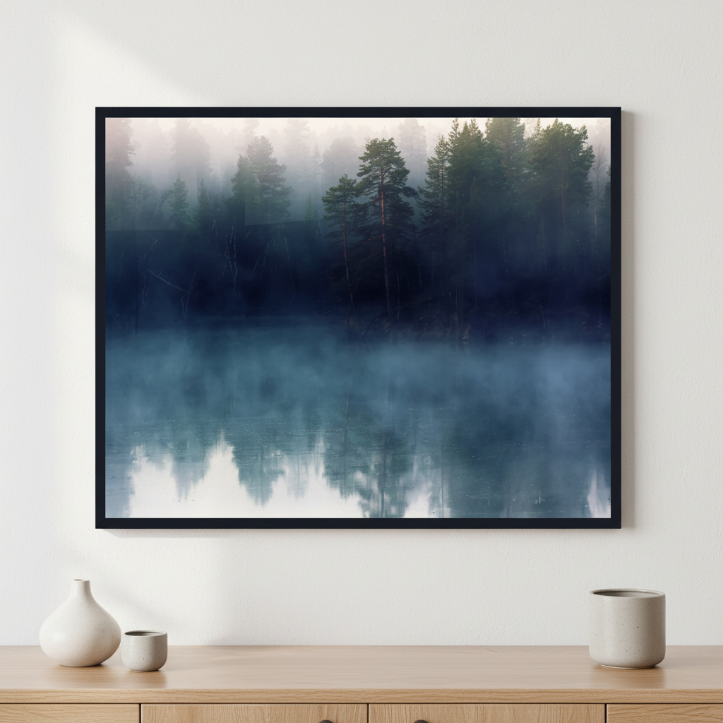 Autumn with mirrored pine forest ภาพติดผังสไตล์สแกนดิเนเวีย สำหรับตกแต่งบ้านและคอนโด พร้อมกรอบคุณภาพ