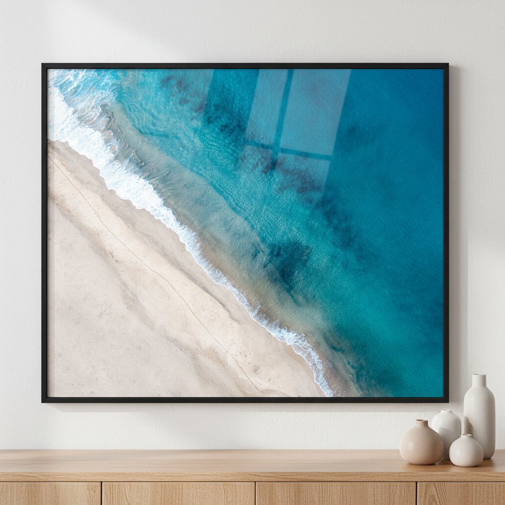 Turquoise ocean ภาพติดผังสไตล์วิวธรรมชาติ สำหรับตกแต่งบ้านและคอนโด พร้อมกรอบคุณภาพ