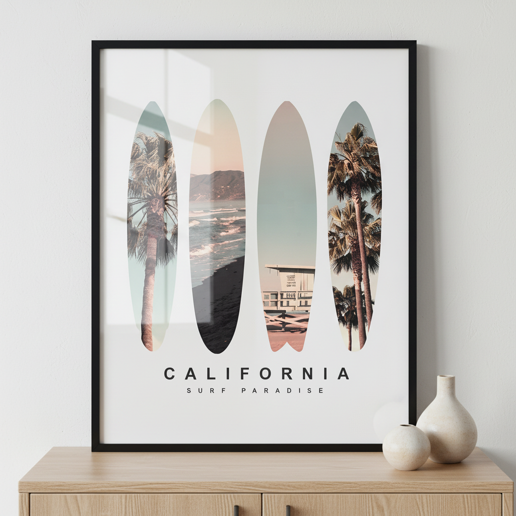 Surfboard California ภาพติดผังสไตล์สแกนดิเนเวีย สำหรับตกแต่งบ้านและคอนโด พร้อมกรอบคุณภาพ