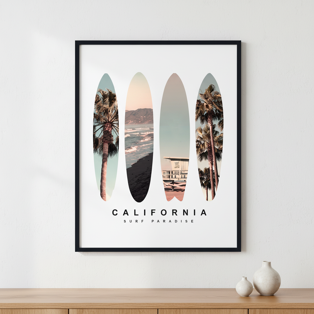 Surfboard California ภาพติดผังสไตล์วิวธรรมชาติ สำหรับตกแต่งบ้านและคอนโด พร้อมกรอบคุณภาพ