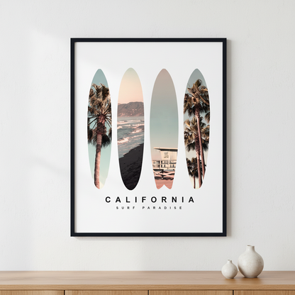 Surfboard California ภาพติดผังสไตล์วิวธรรมชาติ สำหรับตกแต่งบ้านและคอนโด พร้อมกรอบคุณภาพ