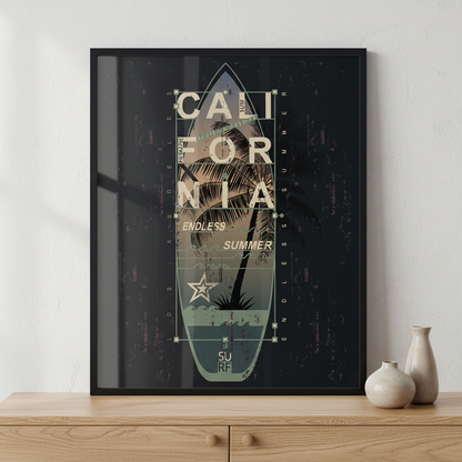 California Surf typography ภาพติดผังสไตล์สแกนดิเนเวีย สำหรับตกแต่งบ้านและคอนโด พร้อมกรอบคุณภาพ