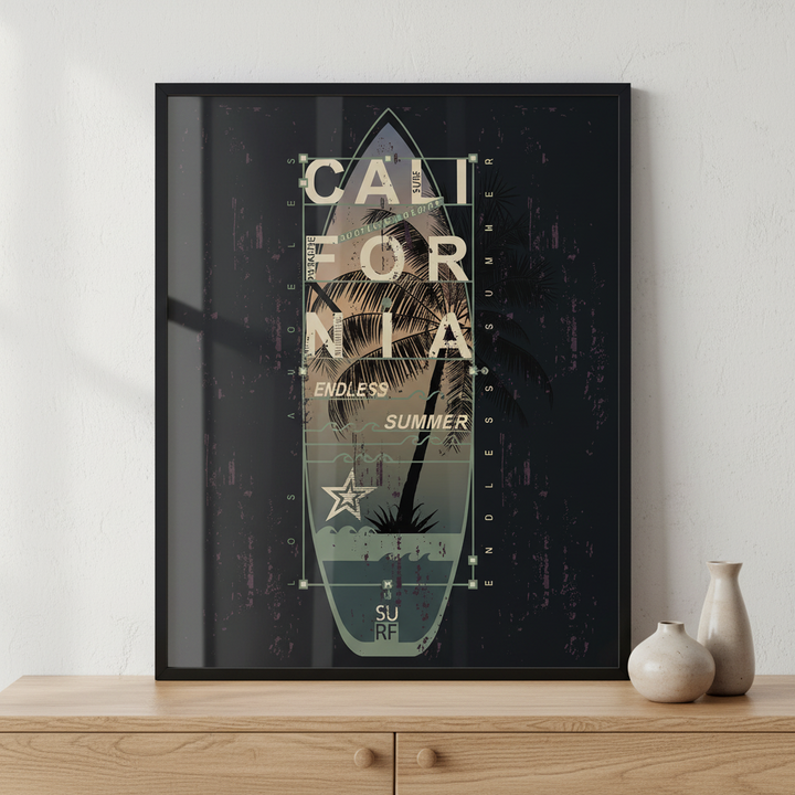 California Surf typography ภาพติดผังสไตล์สแกนดิเนเวีย สำหรับตกแต่งบ้านและคอนโด พร้อมกรอบคุณภาพ