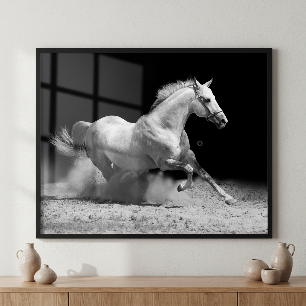 White stallion on black ภาพติดผังสไตล์สแกนดิเนเวีย สำหรับตกแต่งบ้านและคอนโด พร้อมกรอบคุณภาพ