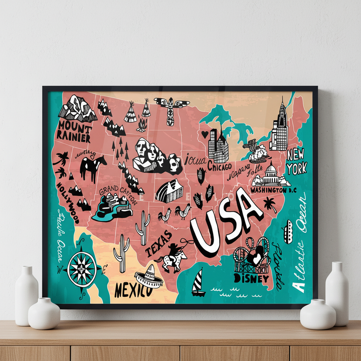 Map of USA ภาพติดผังสไตล์สแกนดิเนเวีย สำหรับตกแต่งบ้านและคอนโด พร้อมกรอบคุณภาพ