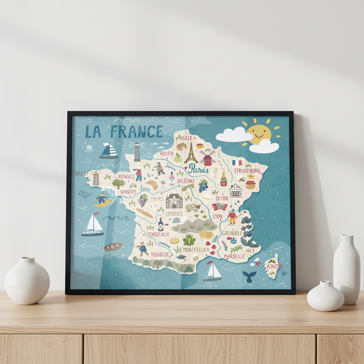 Stylized map of France ภาพติดผังสไตล์สแกนดิเนเวีย สำหรับตกแต่งบ้านและคอนโด พร้อมกรอบคุณภาพ