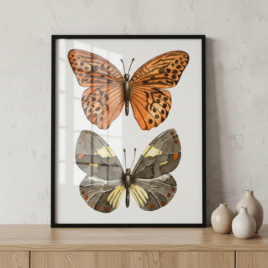 Butterfly II ภาพติดผังสไตล์สแกนดิเนเวีย สำหรับตกแต่งบ้านและคอนโด พร้อมกรอบคุณภาพ