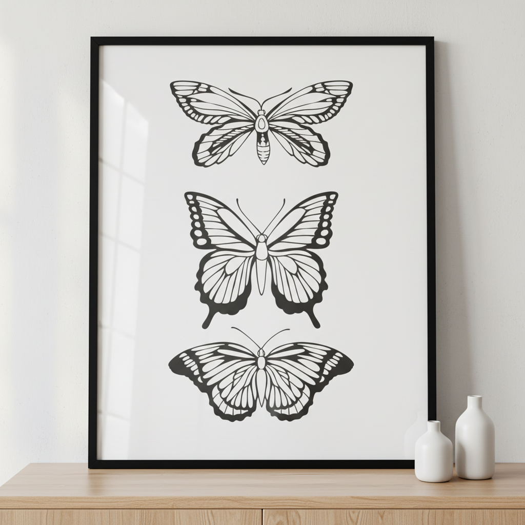 Beautiful black butterfly ภาพติดผังสไตล์นามธรรม สำหรับตกแต่งบ้านและคอนโด พร้อมกรอบคุณภาพ