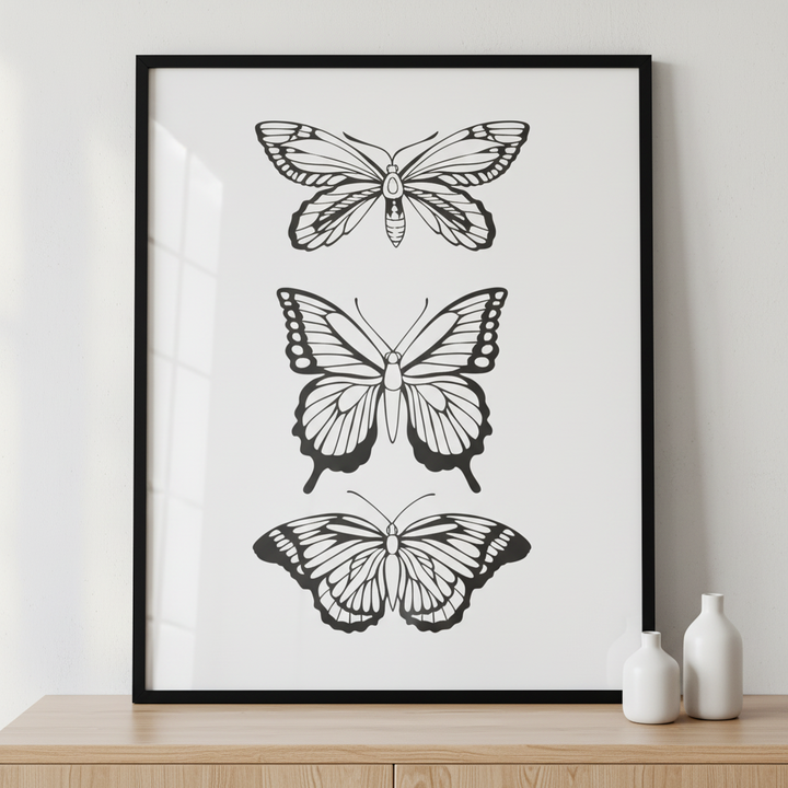 Beautiful black butterfly ภาพติดผังสไตล์นามธรรม สำหรับตกแต่งบ้านและคอนโด พร้อมกรอบคุณภาพ