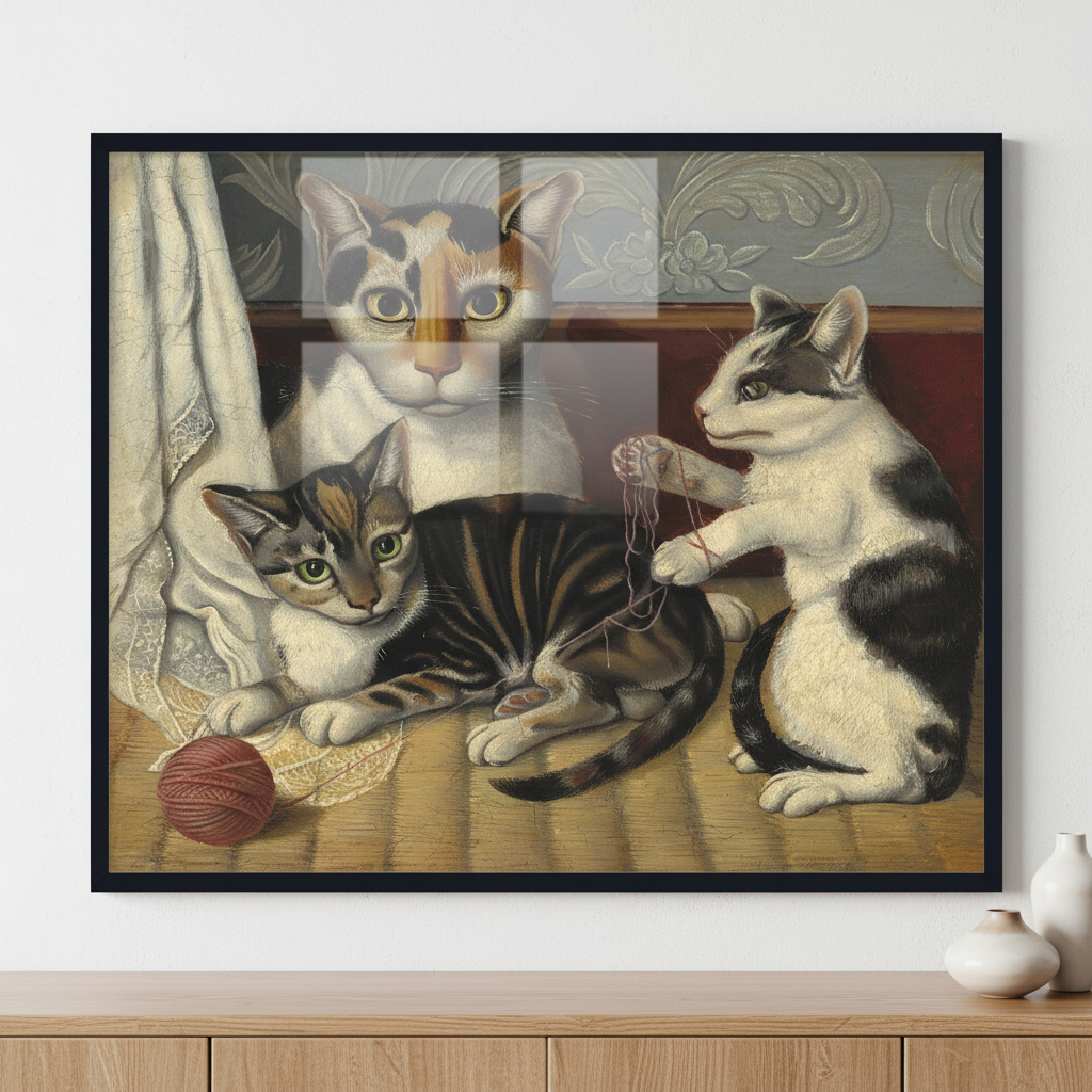 Cat and Kittens ภาพติดผังสไตล์สแกนดิเนเวีย สำหรับตกแต่งบ้านและคอนโด พร้อมกรอบคุณภาพ