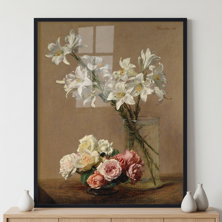 Roses and Lilies ภาพติดผังสไตล์สแกนดิเนเวีย สำหรับตกแต่งบ้านและคอนโด พร้อมกรอบคุณภาพ