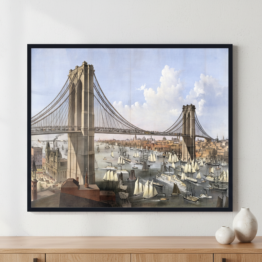 Brooklyn Bridge ภาพติดผังสไตล์สแกนดิเนเวีย สำหรับตกแต่งบ้านและคอนโด พร้อมกรอบคุณภาพ