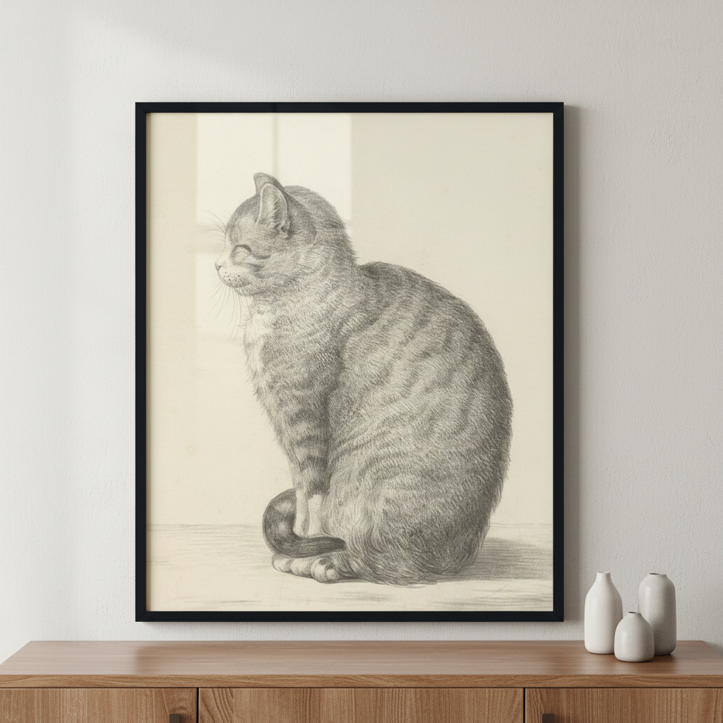 Sitting Cat ภาพติดผังสไตล์สแกนดิเนเวีย สำหรับตกแต่งบ้านและคอนโด พร้อมกรอบคุณภาพ