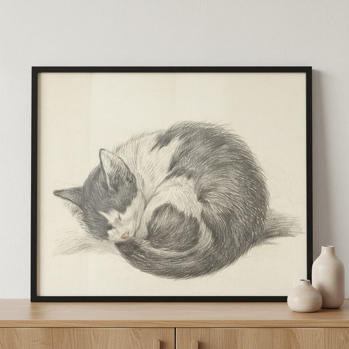 Sleeping Cat ภาพติดผังสไตล์สแกนดิเนเวีย สำหรับตกแต่งบ้านและคอนโด พร้อมกรอบคุณภาพ