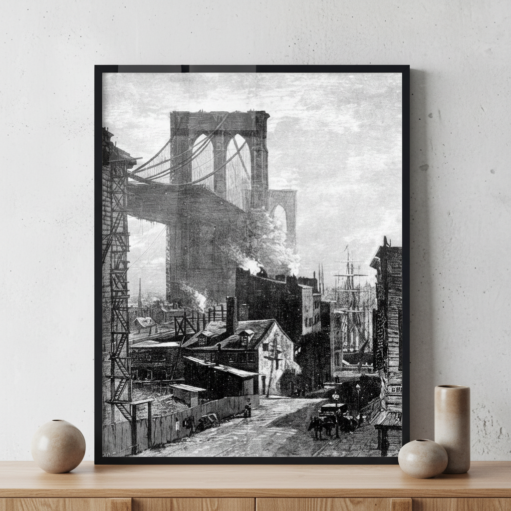 Brooklyn Bridge, 1881 ภาพติดผังสไตล์สแกนดิเนเวีย สำหรับตกแต่งบ้านและคอนโด พร้อมกรอบคุณภาพ