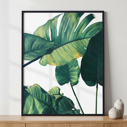 Tropical green leaves Set ภาพติดผังสไตล์ธรรมชาติ สำหรับตกแต่งบ้านและคอนโด พร้อมกรอบคุณภาพ