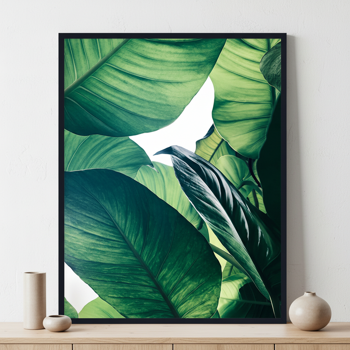 Tropical green leaves Set ภาพติดผังสไตล์สแกนดิเนเวีย สำหรับตกแต่งบ้านและคอนโด พร้อมกรอบคุณภาพ