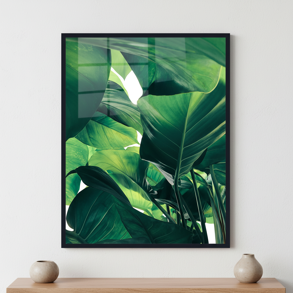 Tropical green leaves Set ภาพติดผังสไตล์ธรรมชาติ สำหรับตกแต่งบ้านและคอนโด พร้อมกรอบคุณภาพ