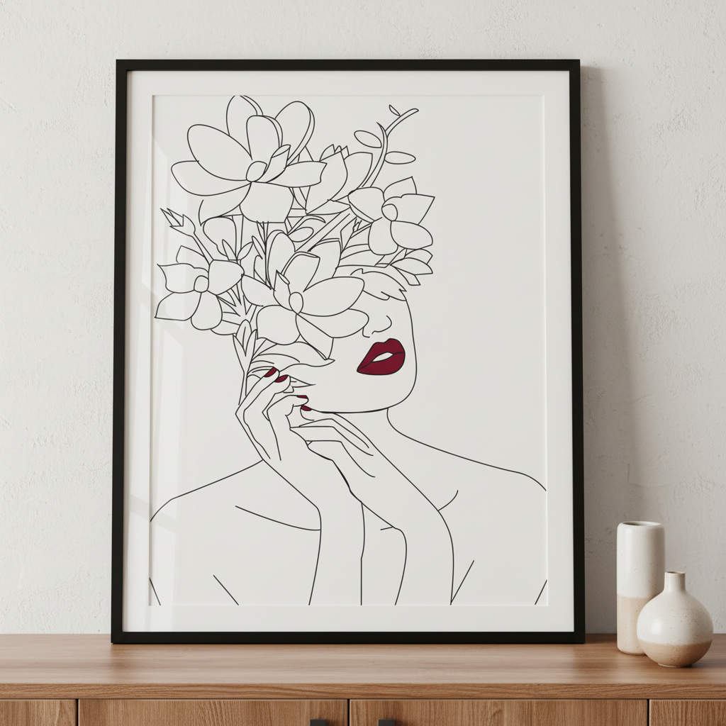 Flowers and lipstick ภาพติดผังสไตล์นามธรรม สำหรับตกแต่งบ้านและคอนโด พร้อมกรอบคุณภาพ