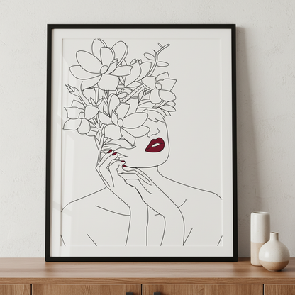 Flowers and lipstick ภาพติดผังสไตล์นามธรรม สำหรับตกแต่งบ้านและคอนโด พร้อมกรอบคุณภาพ